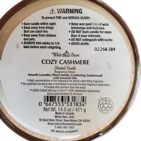 *NEW* Exclusive White Barn‎ 3 Wick Candle COZY CASHMERE, 14.5 OZ -DISCONTINUED - Picture 2 of 2